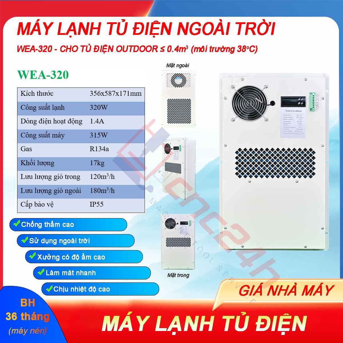 MLTD - WEA-320 - hdd 0726 Máy lạnh tủ điện ngoài trời WEA-320 320W có độ chống thấm cao, sử dụng ngoài trời hoặc xưởng có độ ẩm cao, làm mát nhanh và chịu nhiệt độ cao.