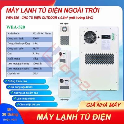 Máy lạnh tủ điện ngoài trời WEA-520 520W có độ chống thấm cao, sử dụng ngoài trời hoặc xưởng có độ ẩm cao, làm mát nhanh và chịu nhiệt độ cao.