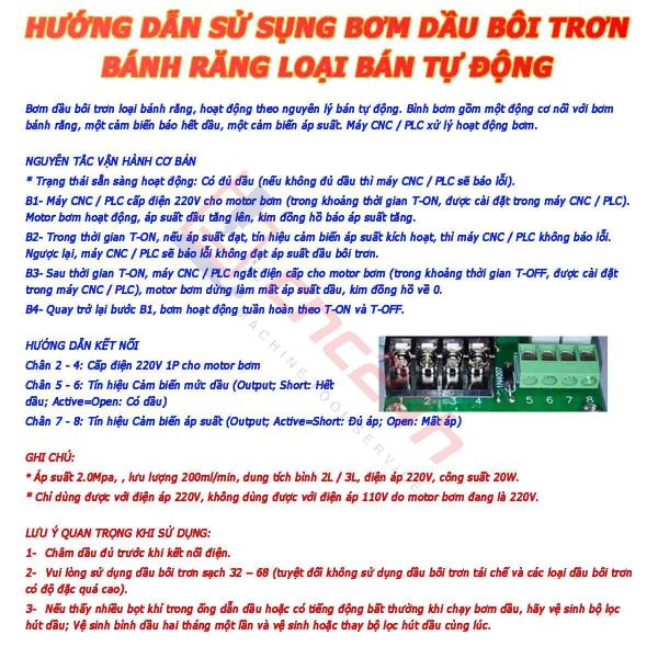 Bơm dầu bôi trơn bánh răng, có loại bán tự động và loại tự động hoàn toàn, 220V 1P 20W, 200ml/min 2.0MPa, Thường dùng trên máy CNC là loại bán tự động.