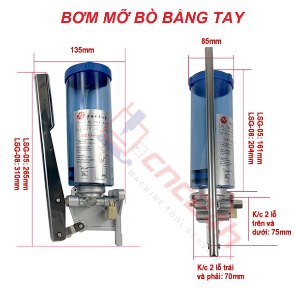 Bơm mỡ bò tay, 500ml / 800ml, thân đế bằng nhôm đúc. Đường kính ống ngõ ra 6mm, tặng kèm đầu chuyển ống 4mm. Phù hợp mỡ bò 0 - 000.