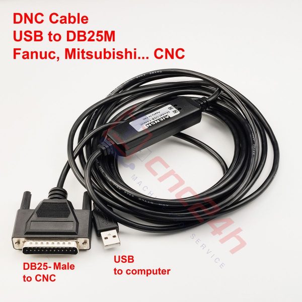 Cáp DNC (cáp CNC - RS232 USB to DB25M) sử dụng chip FTDI, chuẩn công nghiệp, dùng cho CNC Fanuc, Mitsubishi, hỗ trợ Win XP/7/8/10/11 32/64bit, LINUX