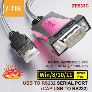 Cáp USB COM Z-TEK ZE533C (cáp USB RS232) sử dụng chip FTDI là loại chuyên dùng cho máy CNC, độ ổn định cao, không lỗi, free driver Win 7/8/10/11, LINUX