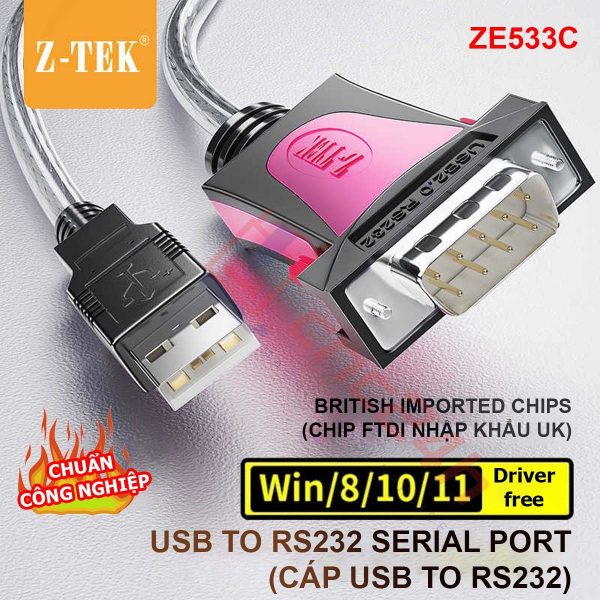 Cáp USB COM Z-TEK ZE533C (cáp USB RS232) sử dụng chip FTDI là loại chuyên dùng cho máy CNC, độ ổn định cao, không lỗi, free driver Win 7/8/10/11, LINUX