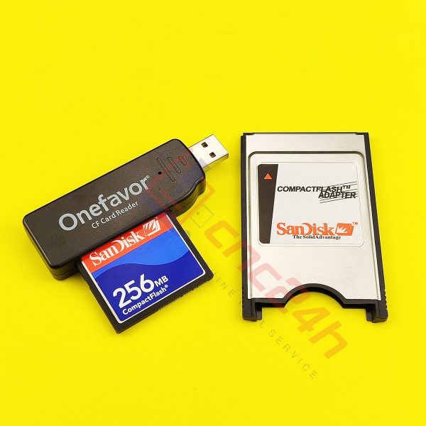 Combo Thẻ CF Sandisk cho máy CNC, gồm: 01 thẻ nhớ CF Sandisk công nghiệp (dung lượng tùy chọn), 01 đầu đọc CF USB, 01 adapter CF to PCMCIA của Sandisk.