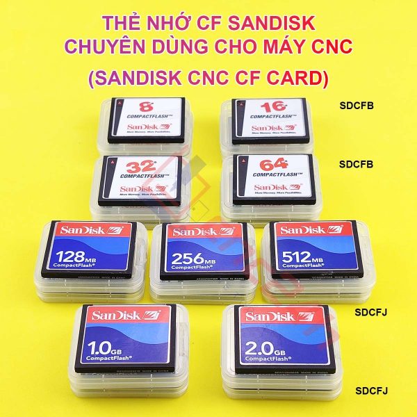 Combo Thẻ CF Sandisk cho máy CNC, gồm: 01 thẻ nhớ CF Sandisk công nghiệp (dung lượng tùy chọn), 01 đầu đọc CF USB, 01 adapter CF to PCMCIA của Sandisk.