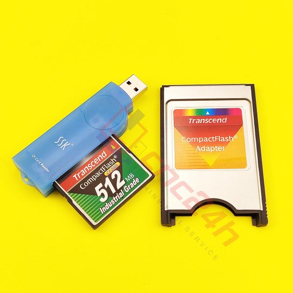 Combo Thẻ CF Transcend cho máy CNC, gồm: 01 thẻ nhớ CF Transcend công nghiệp CF200I, 01 đầu đọc CF USB, 01 adapter CF to PCMCIA của Transcend