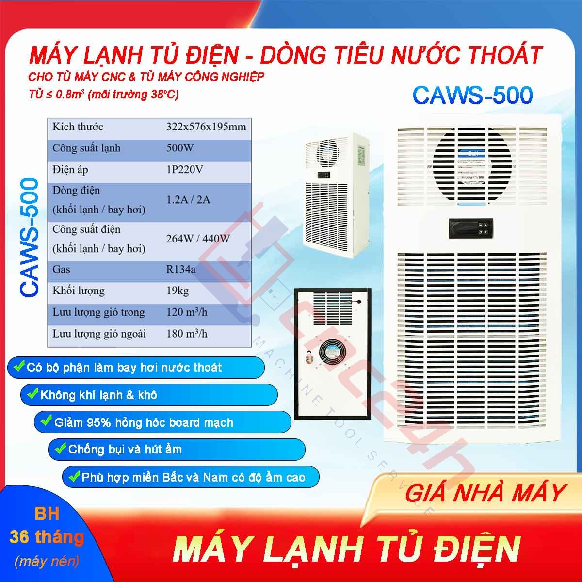 MLTD - CAWS-500 - hdd 0726 Máy lạnh tủ điện khô CAWS-500 500W (điều hòa tủ điện) bản tiêu nước, lắp cho tủ điện máy CNC. Dải công suất lạnh: 300W, 500W, 800W... 2000W.