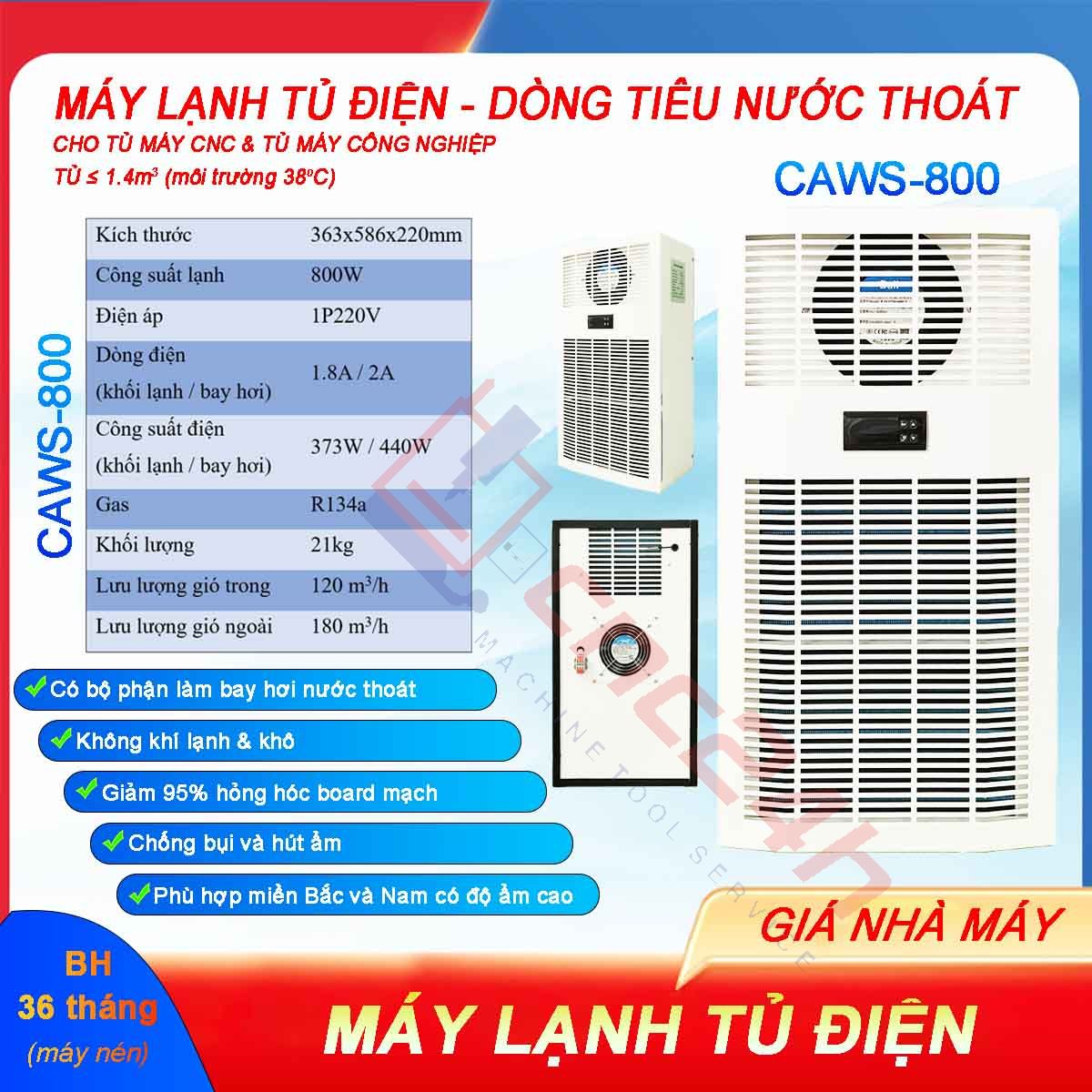 MLTD - CAWS-800 - hdd 0726 Máy lạnh tủ điện khô CAWS-800 800W (điều hòa tủ điện) bản tiêu nước, lắp cho tủ điện máy CNC. Dải công suất lạnh: 300W, 500W, 800W... 2000W.