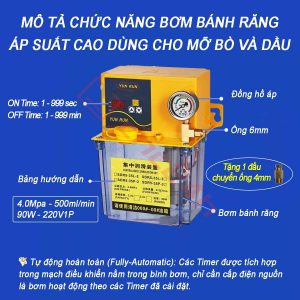 Bơm bánh răng áp suất cao dùng cho mỡ bò và dầu, tự động hoàn toàn, 220V 1P 90W, 500ml/min 4.0MPa.