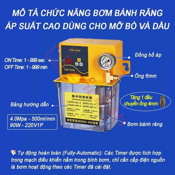 Bơm bánh răng áp suất cao dùng cho mỡ bò và dầu, tự động hoàn toàn, 220V 1P 90W, 500ml/min 4.0MPa.
