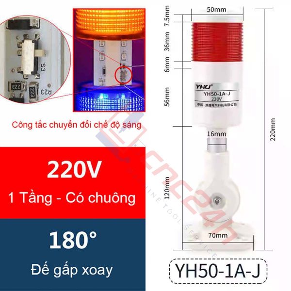 Đèn tháp - Đèn báo CNC - 1/2/3 tầng - Thương hiệu YHKJ - Mới 100%. Chân đế gấp xoay 180 độ. Có còi. Bóng LED. Có công tắc chọn chế độ sáng (ON / BLINK).