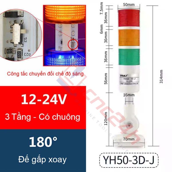 Đèn tháp - Đèn báo CNC - 1/2/3 tầng - Thương hiệu YHKJ - Mới 100%. Chân đế gấp xoay 180 độ. Có còi. Bóng LED. Có công tắc chọn chế độ sáng (ON / BLINK).