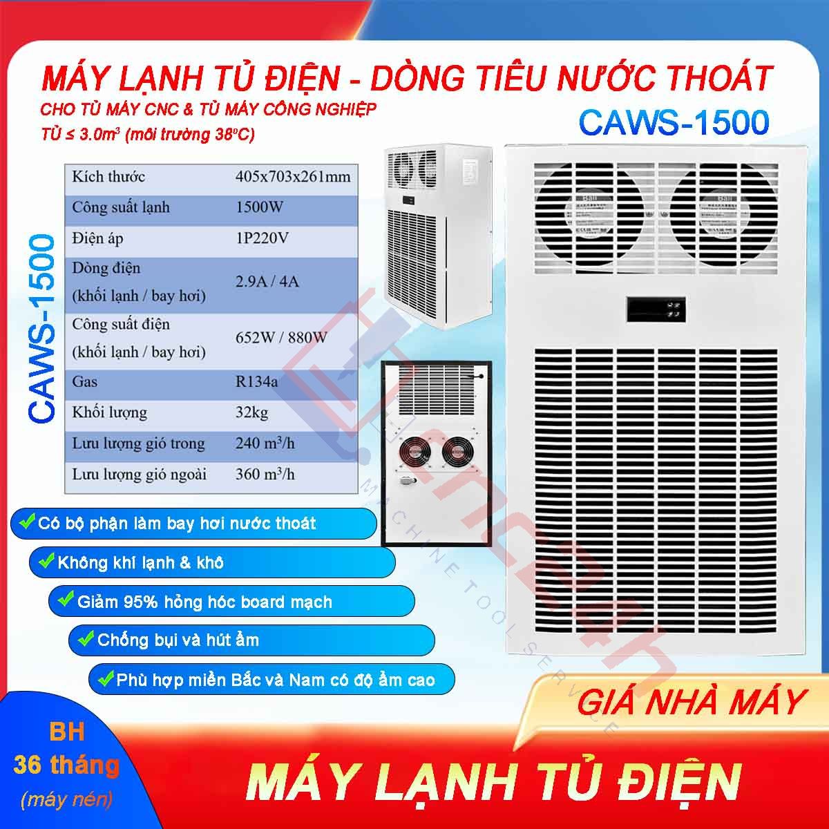 MLTD - CAWS-1500 - hdd 0726 Máy lạnh tủ điện khô CAWS-1500 1500W (điều hòa tủ điện) bản tiêu nước, lắp cho tủ điện máy CNC. Dải công suất lạnh: 300W, 500W, 800W... 2000W.