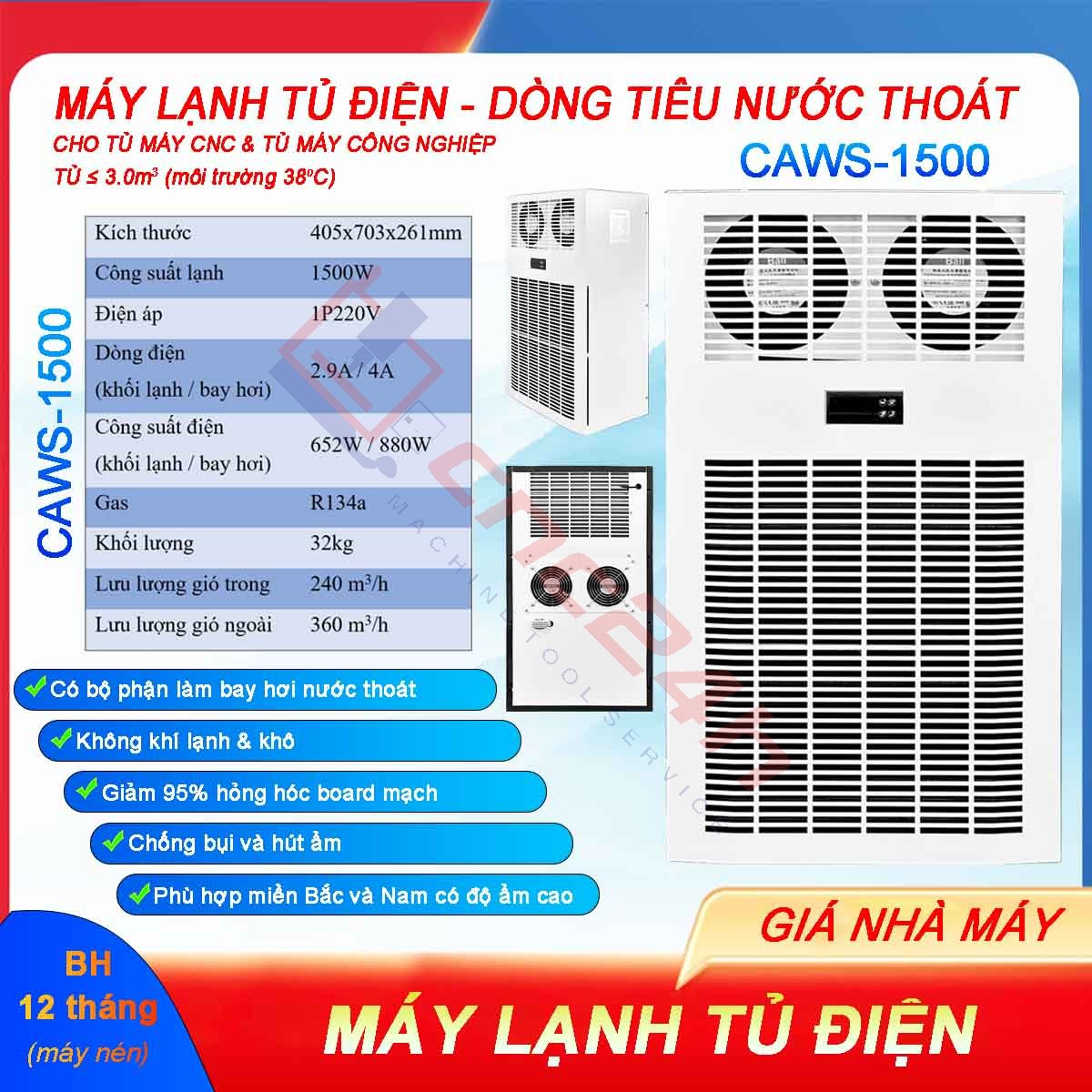 MLTD - CAWS 1500 - hdd 09.2025 Máy lạnh tủ điện khô CAWS-1500 1500W (điều hòa tủ điện) bản tiêu nước, lắp cho tủ điện máy CNC. Dải công suất lạnh: 300W, 500W, 800W... 2000W.