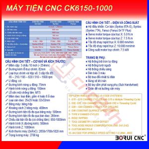 Máy tiện CNC CK6150-1000, chính hãng Borui, giá nhà máy. Mâm cặp 10inch (254mm) loại thủy lực 3 chấu, đk tiện max 500mm, hành trình tiện max 1000mm.