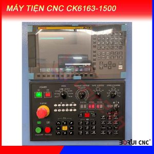 Máy tiện CNC CK6163-1500, chính hãng Borui, giá nhà máy. Mâm cặp 12inch (304mm) loại thủy lực 3 chấu, đk tiện max 630mm, hành trình tiện max 1500mm, sai số 0.01mm