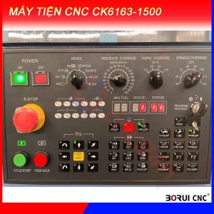 Máy tiện CNC CK6163-1500, chính hãng Borui, giá nhà máy. Mâm cặp 12inch (304mm) loại thủy lực 3 chấu, đk tiện max 630mm, hành trình tiện max 1500mm, sai số 0.01mm