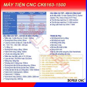 Máy tiện CNC CK6163-1500, chính hãng Borui, giá nhà máy. Mâm cặp 12inch (304mm) loại thủy lực 3 chấu, đk tiện max 630mm, hành trình tiện max 1500mm, sai số 0.01mm