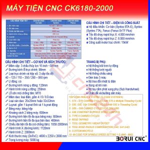 Máy tiện CNC CK6180-2000, chính hãng Borui, giá nhà máy. Mâm cặp 15inch (381mm) loại thủy lực 3 chấu, đk tiện max 800mm, hành trình tiện max 2000mm.