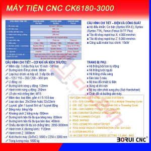 Máy tiện CNC CK6180-3000, chính hãng Borui, giá nhà máy. Mâm cặp 15inch (381mm) loại thủy lực 3 chấu, đk tiện max 800mm, hành trình tiện max 3000mm.