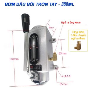 Bơm dầu bôi trơn tay, 350ml, đế bằng nhôm đúc. Mắt hiển thị mức dầu. Đường kính ống ngõ ra 4mm, tặng kèm đầu chuyển 6mm. Phù hợp dầu N32 - N68.