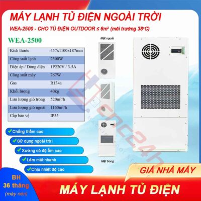Máy lạnh tủ điện ngoài trời WEA-2500 2500W có độ chống thấm cao, sử dụng ngoài trời hoặc xưởng có độ ẩm cao, làm mát nhanh và chịu nhiệt độ cao. Máy lạnh tủ điện ngoài trời WEA-2500 2500W có độ chống thấm cao, sử dụng ngoài trời hoặc xưởng có độ ẩm cao, làm mát nhanh và chịu nhiệt độ cao.