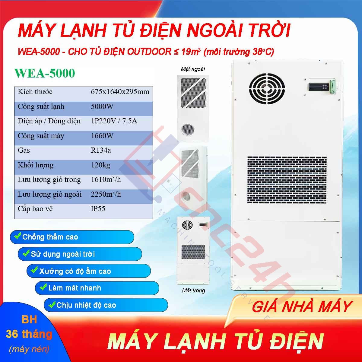 MLTD - WEA5000 - hdd 0726 Máy lạnh tủ điện ngoài trời WEA-5000 5000W có độ chống thấm cao, sử dụng ngoài trời hoặc xưởng có độ ẩm cao, làm mát nhanh và chịu nhiệt độ cao.